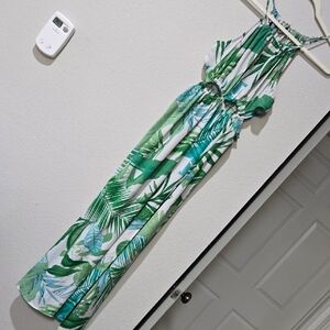 Tropical Green Leaf Print Maxi Dress